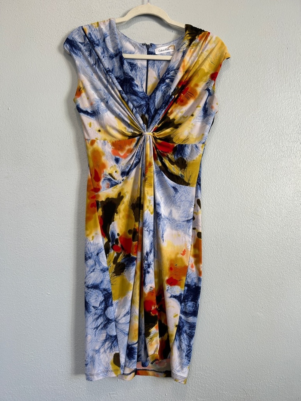 Calvin Klein Multicolor Knot-Front Midi Dress in Navy, Mustard & Red Size 4 - Picture 1 of 8